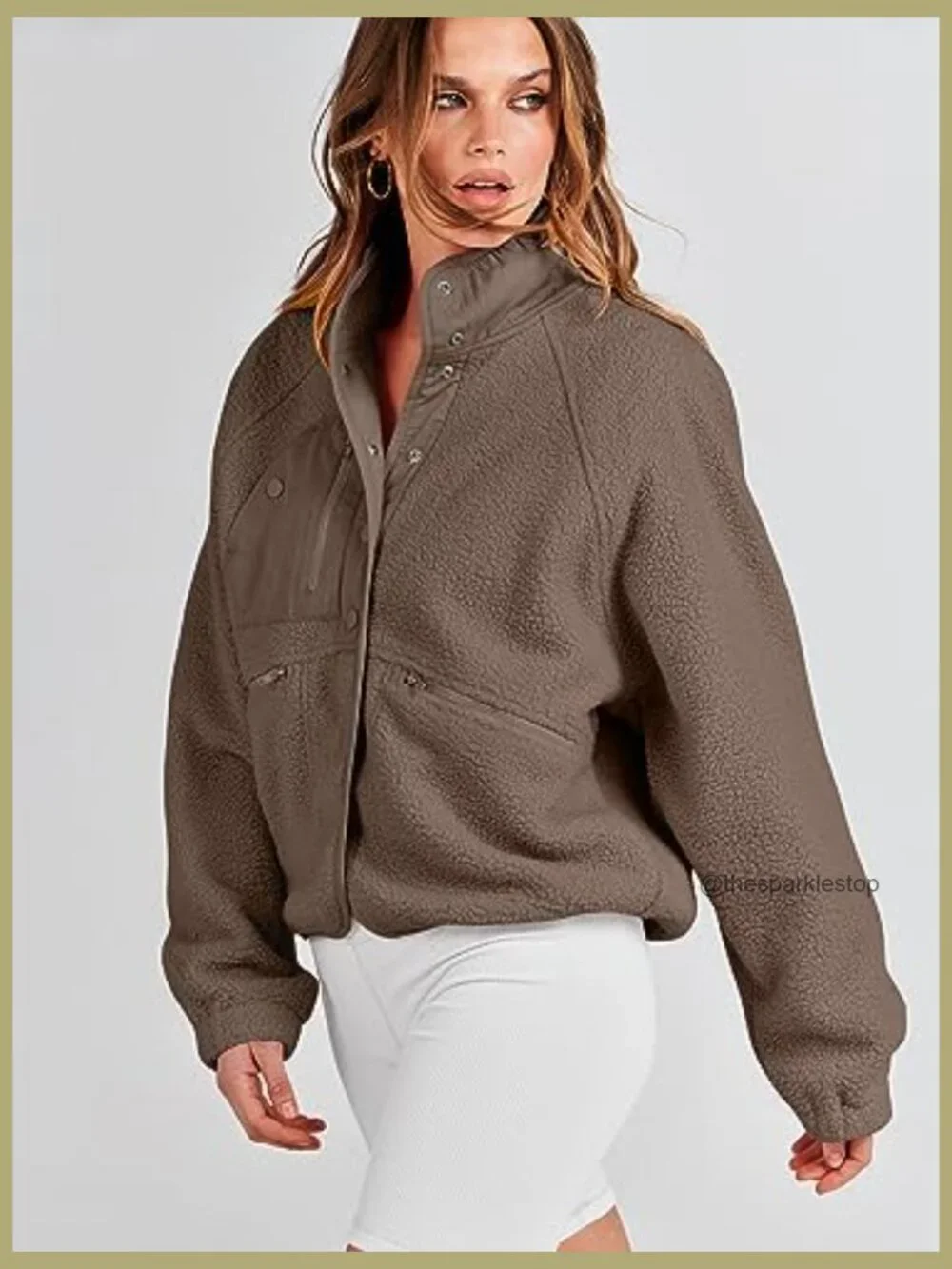 Fuzzy Fleece Cropped Sherpa Jacket with Pockets - Picture 5 of 7